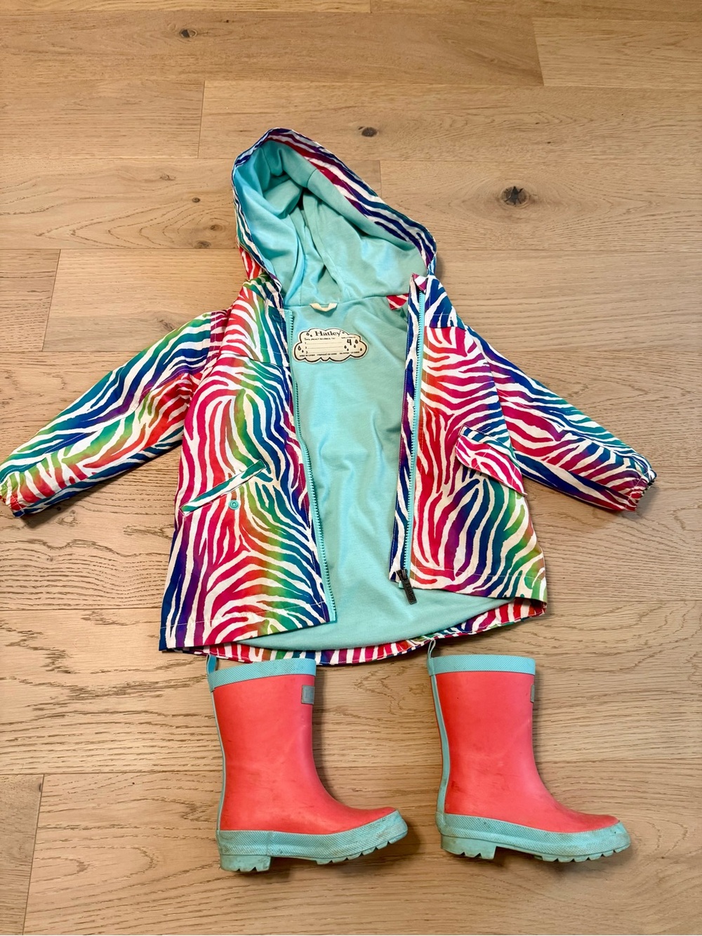 Hatley Rainbow Zebra Raincoat (Size 4) + Matching Rain Boots (Size 9)